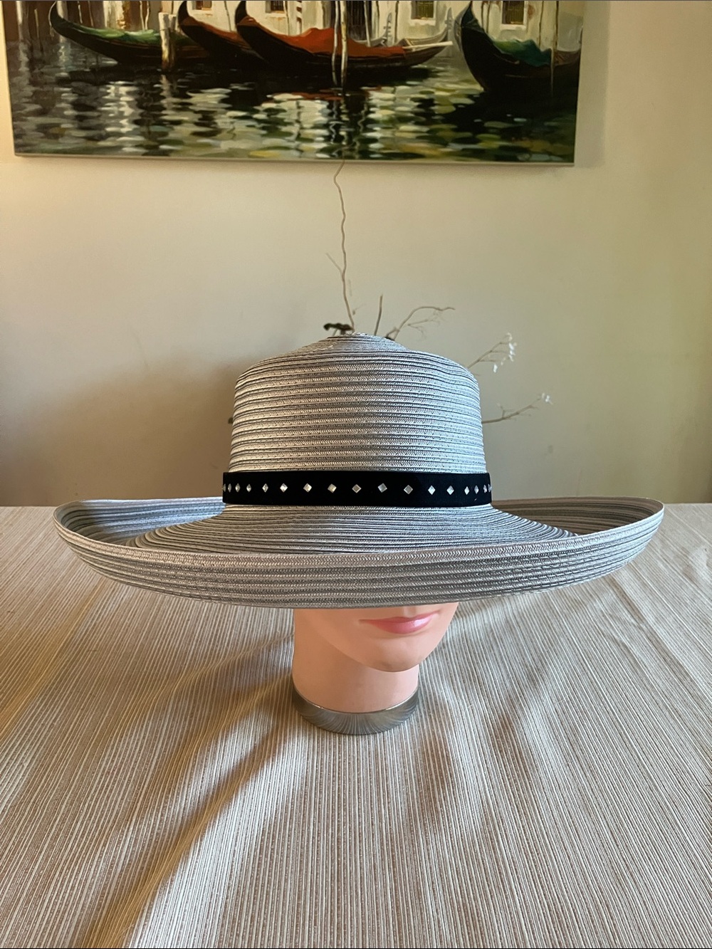 Chic Gray Stripped Women's Wide Brim Hat with Black Studded Band